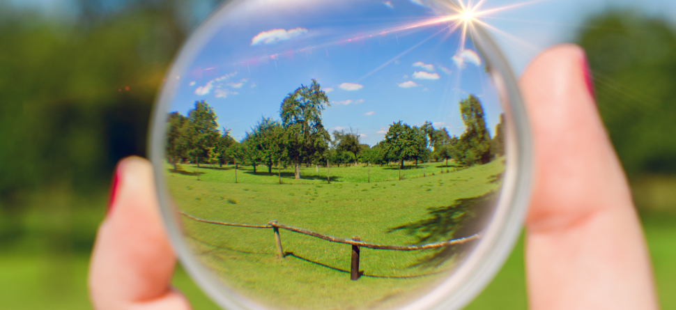 Vista a través de una lente progresiva en un entorno natural, mostrando cómo mejora la visión de lejos y de cerca. Perfecto para representar la tecnología avanzada de estas lentes.