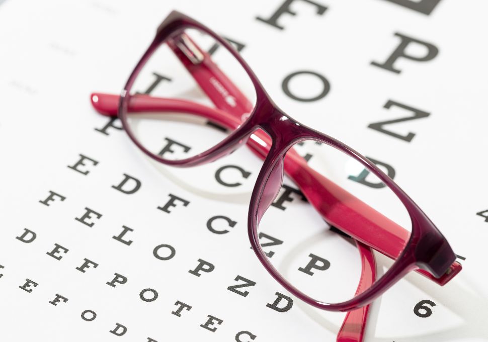 Gafas de montura roja sobre una tabla optométrica en Óptica Cosmos Tenerife. Resalta la precisión en la graduación de lentes para mejorar la visión en el día a día.