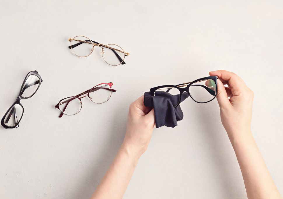 Persona limpiando gafas con un paño de microfibra junto a varios modelos de gafas sobre fondo claro, destacando el mantenimiento de gafas en Óptica Cosmos Tenerife.